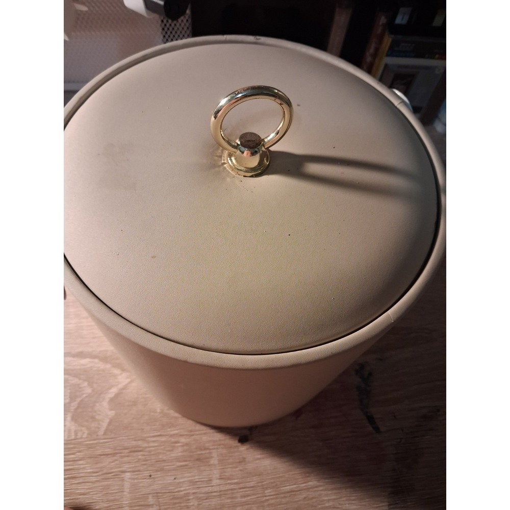 Vintage Georges Briard Mid-Century Modern Beige Vinyl Ice Bucket Gold Handle